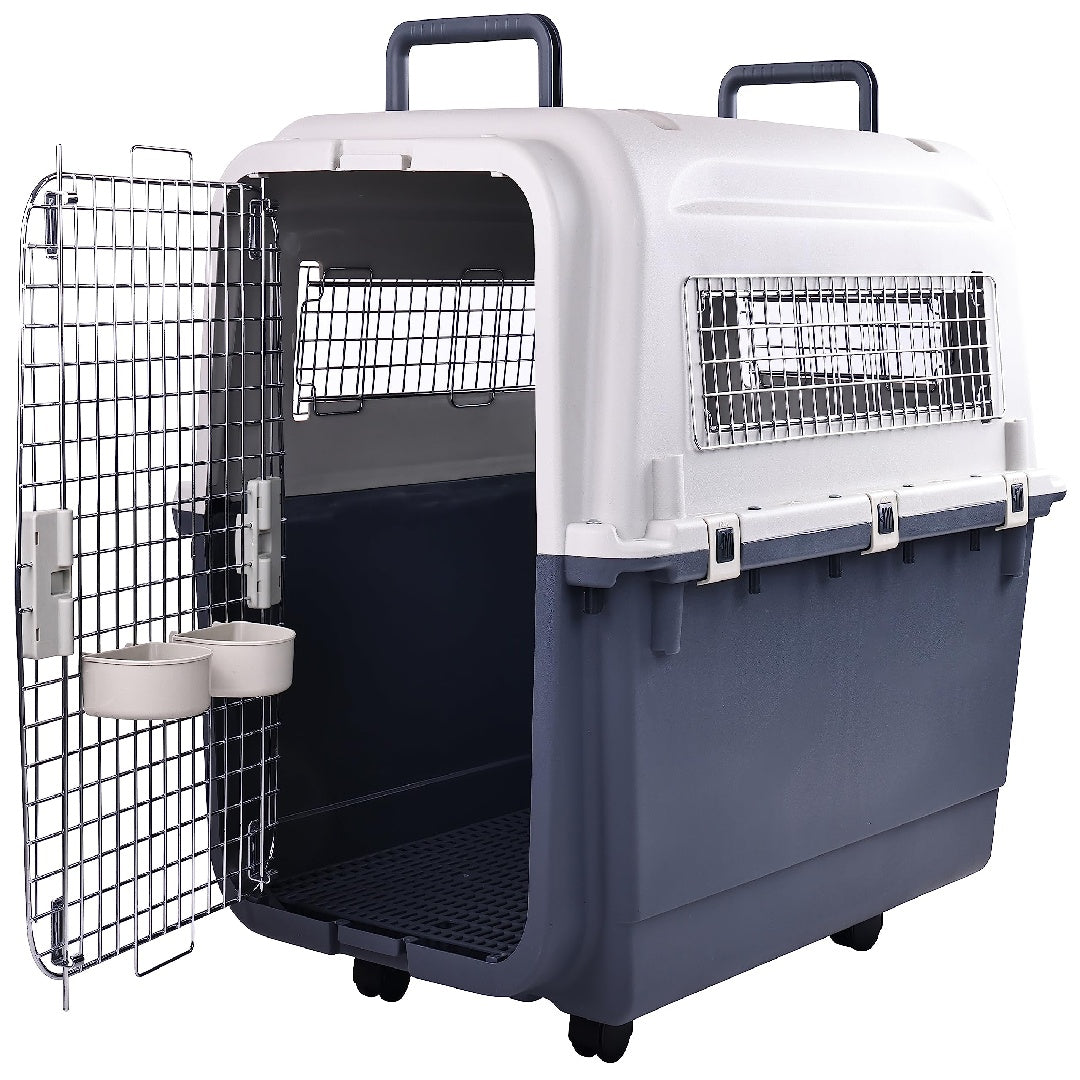 JMT-105162 Durable Plastic Dog Kennel with Rolling Wheels, Airline Approved, Multiple Sizes Available