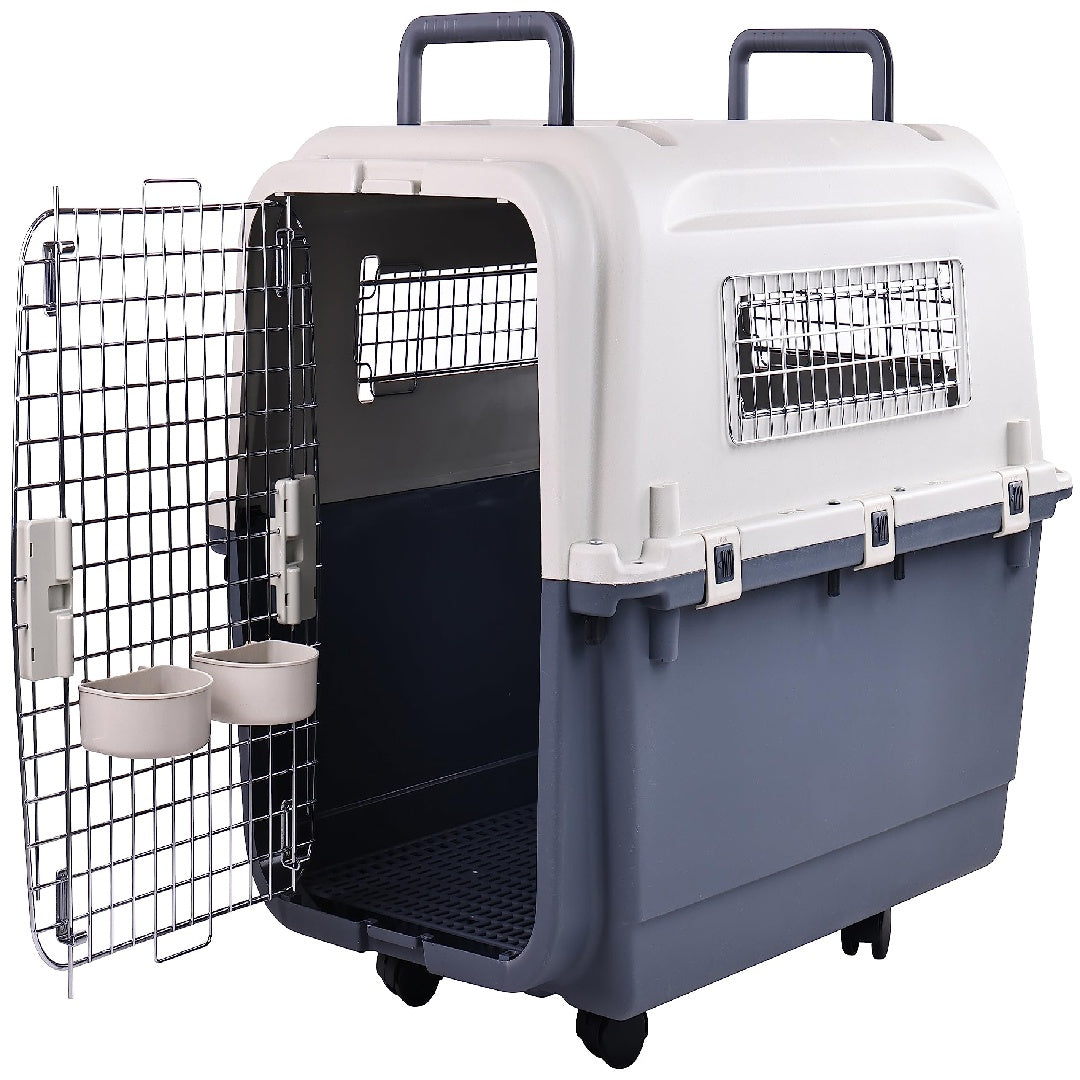 JMT-105162 Durable Plastic Dog Kennel with Rolling Wheels, Airline Approved, Multiple Sizes Available