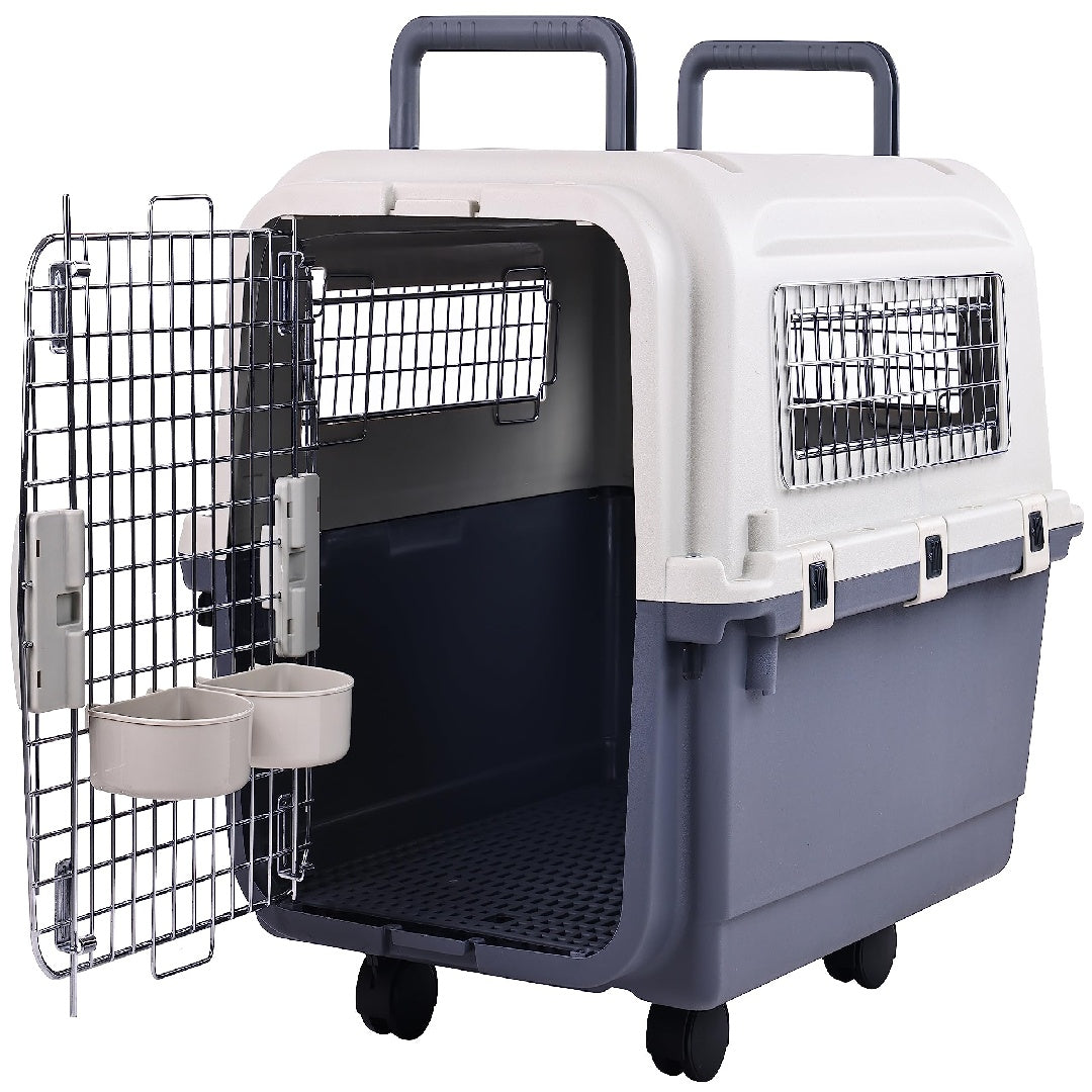 JMT-105162 Durable Plastic Dog Kennel with Rolling Wheels, Airline Approved, Multiple Sizes Available