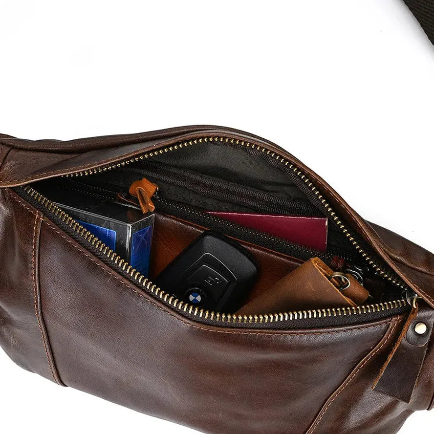 JMT-106186 Genuine Leather Crossbody Chest Bag in Brown Vintage Cowhide for Men and Women
