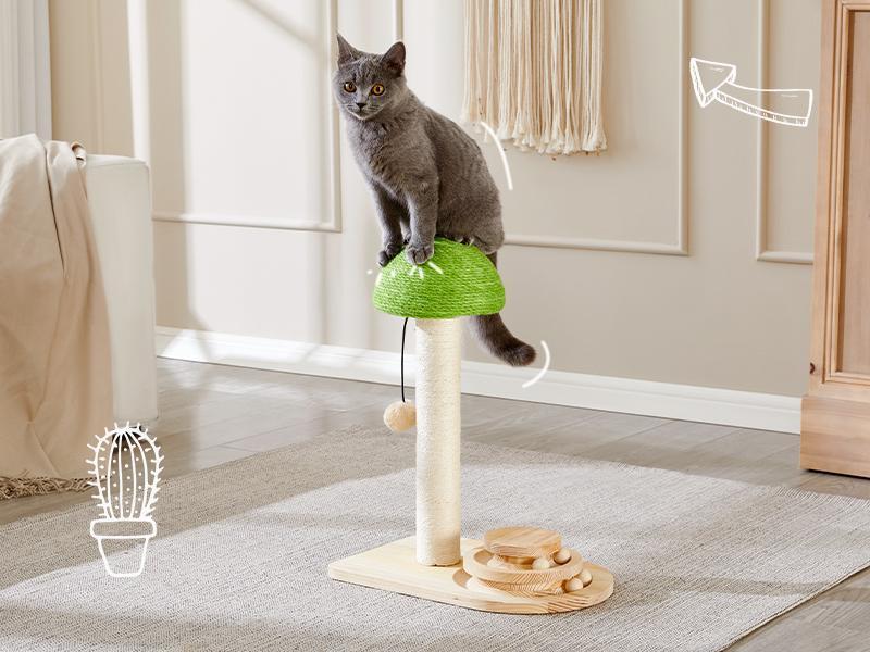 JMT-106314 Interactive Wooden Cat Scratching Post with Sisal Rope and Track Ball, 20" Scratch Pad