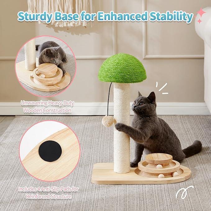 JMT-106314 Interactive Wooden Cat Scratching Post with Sisal Rope and Track Ball, 20" Scratch Pad