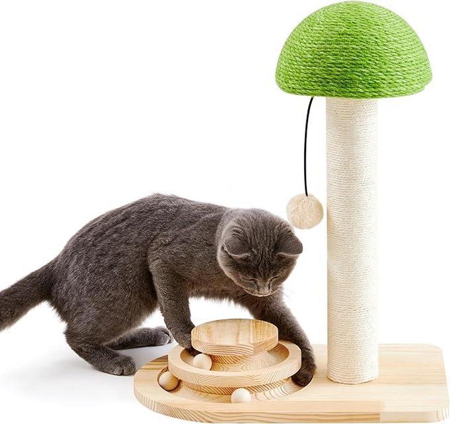 JMT-106314 Interactive Wooden Cat Scratching Post with Sisal Rope and Track Ball, 20" Scratch Pad