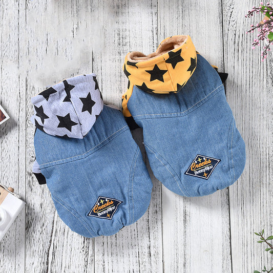 JMT-107082 Denim Jacket for Dogs - Star Washed with Double-Sided Flannel, Available in Yellow and Grey, Sizes XS-2L
