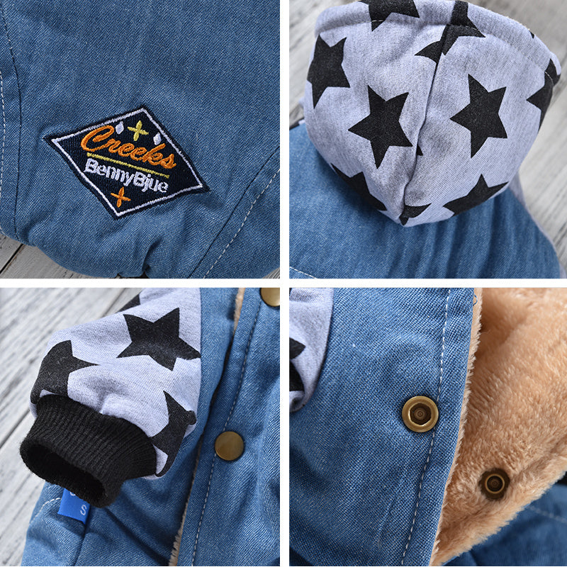 JMT-107082 Denim Jacket for Dogs - Star Washed with Double-Sided Flannel, Available in Yellow and Grey, Sizes XS-2L