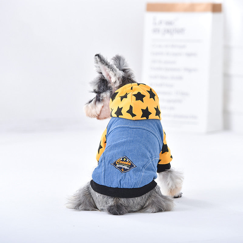 JMT-107082 Denim Jacket for Dogs - Star Washed with Double-Sided Flannel, Available in Yellow and Grey, Sizes XS-2L
