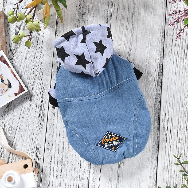 JMT-107082 Denim Jacket for Dogs - Star Washed with Double-Sided Flannel, Available in Yellow and Grey, Sizes XS-2L