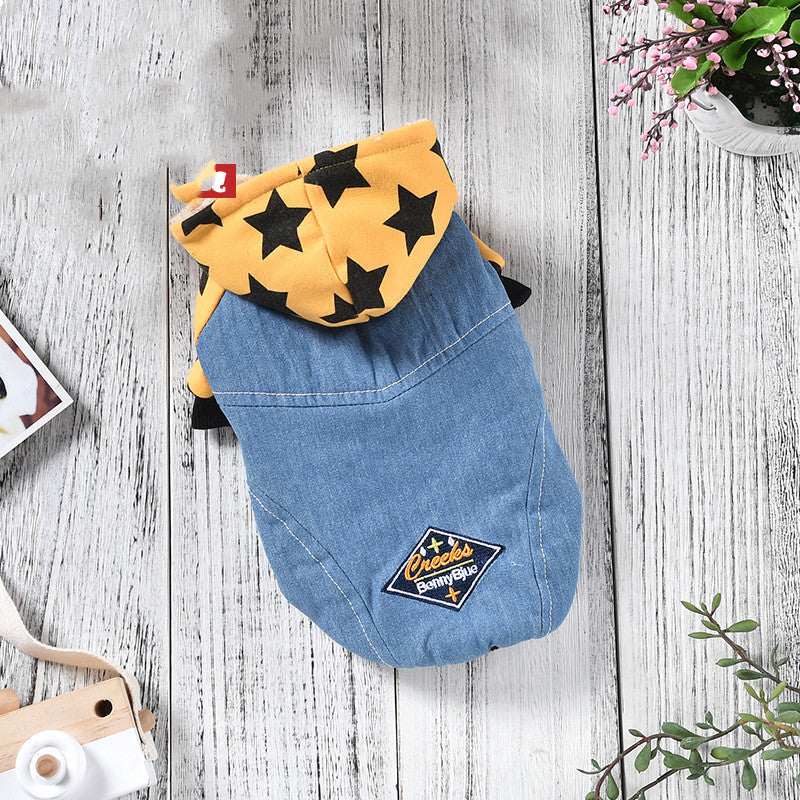 JMT-107082 Denim Jacket for Dogs - Star Washed with Double-Sided Flannel, Available in Yellow and Grey, Sizes XS-2L