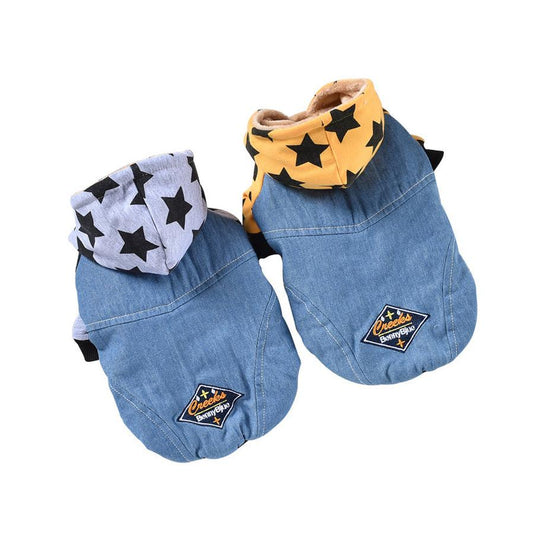 JMT-107082 Denim Jacket for Dogs - Star Washed with Double-Sided Flannel, Available in Yellow and Grey, Sizes XS-2L