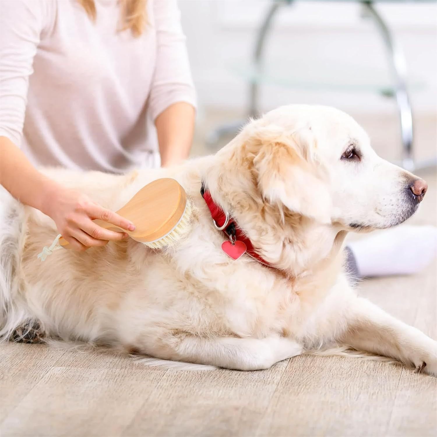 JMT-107530 Pet Bath Brush with Massage Points, Wooden Handle & Natural Bristles for Effective Grooming and Bathing