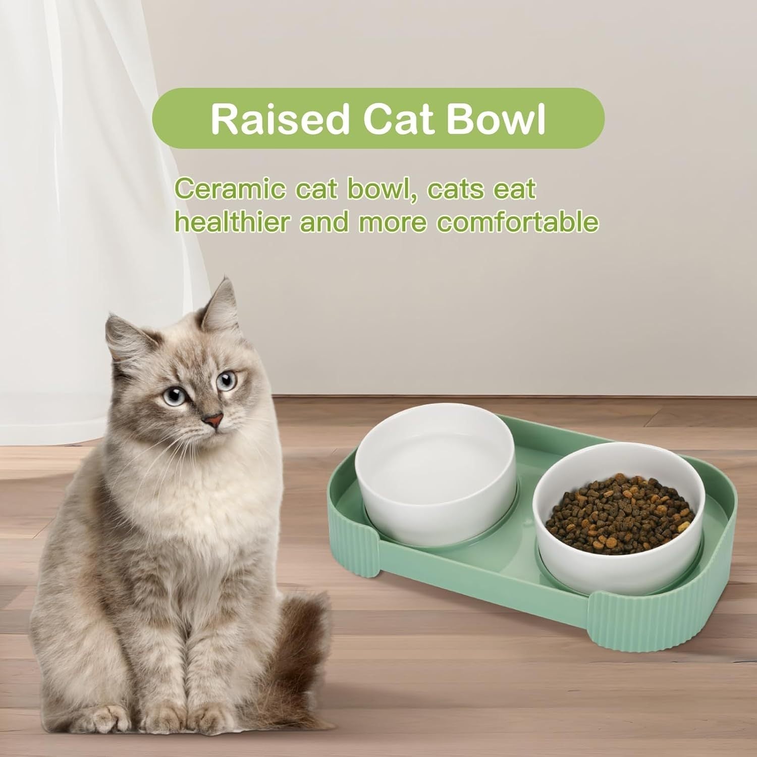 JMT-108426 Elevated Ceramic Cat Bowls with Tilted Stand for Easy Digestion and Anti-Vomiting Design