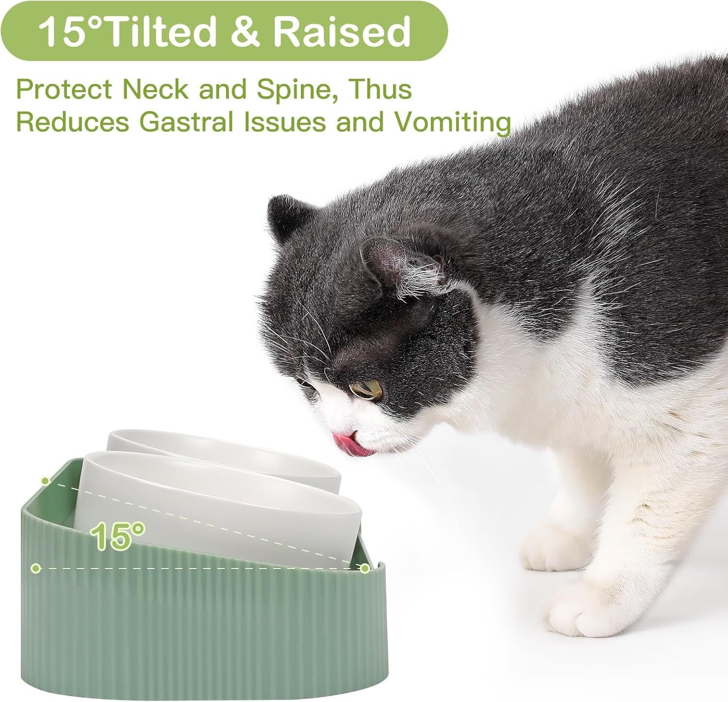 JMT-108426 Elevated Ceramic Cat Bowls with Tilted Stand for Easy Digestion and Anti-Vomiting Design