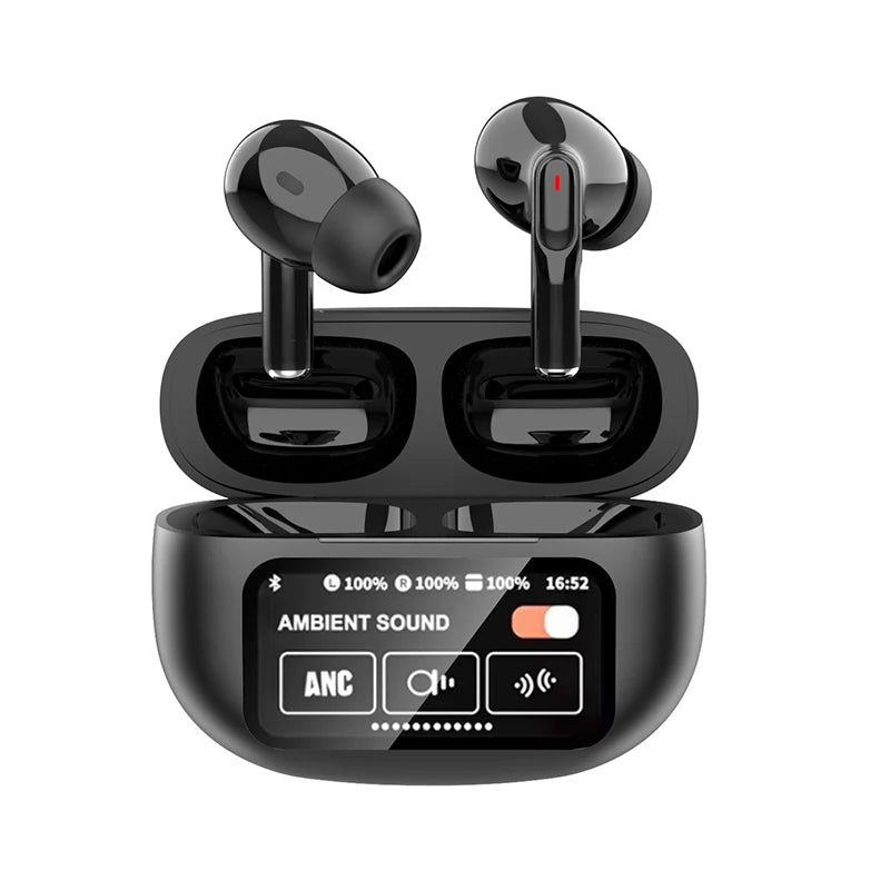 JMT-108938 Smart Touch Screen Wireless Earbuds with Active Noise Cancellation and Environmental Noise Cancellation – Bluetooth 5.4, Low Latency, Black/White