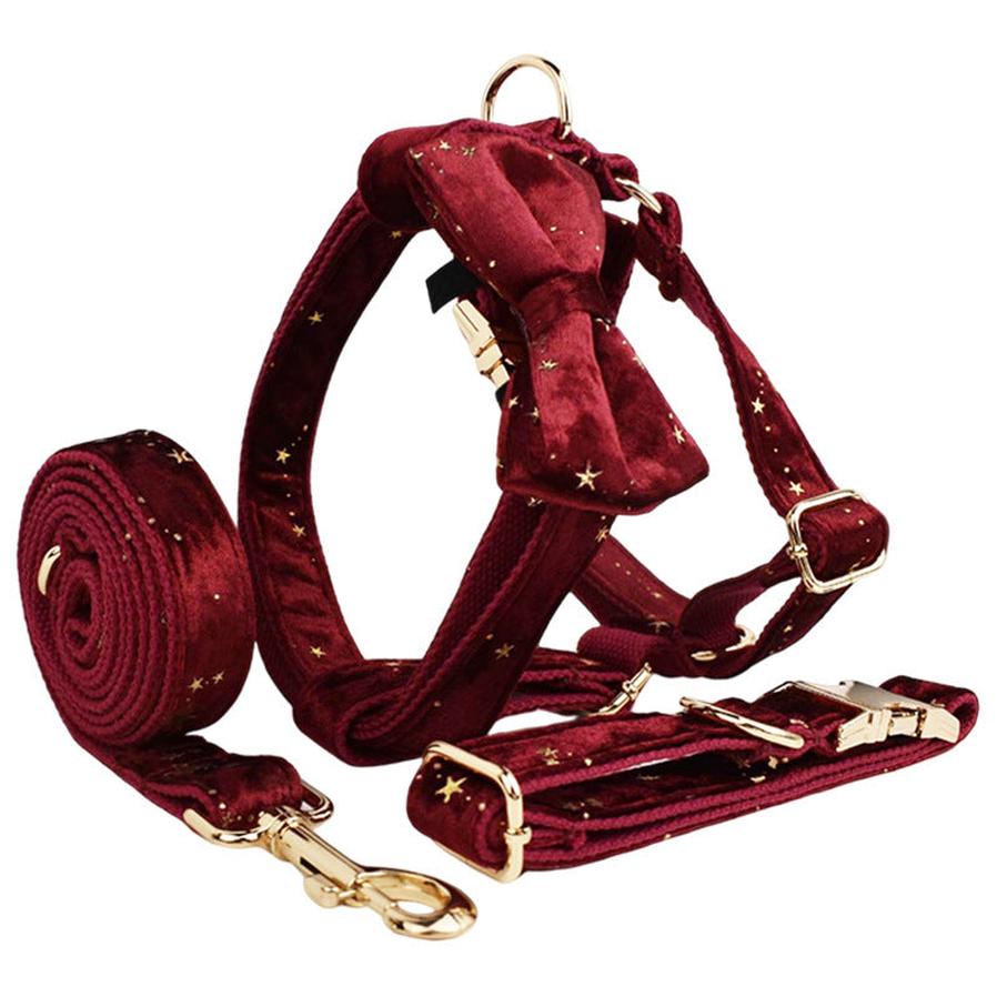 JMT-108938 Velvet Fabric Dog Collar Set with Leash, Bow, Flower, Vest, and Poop Bag