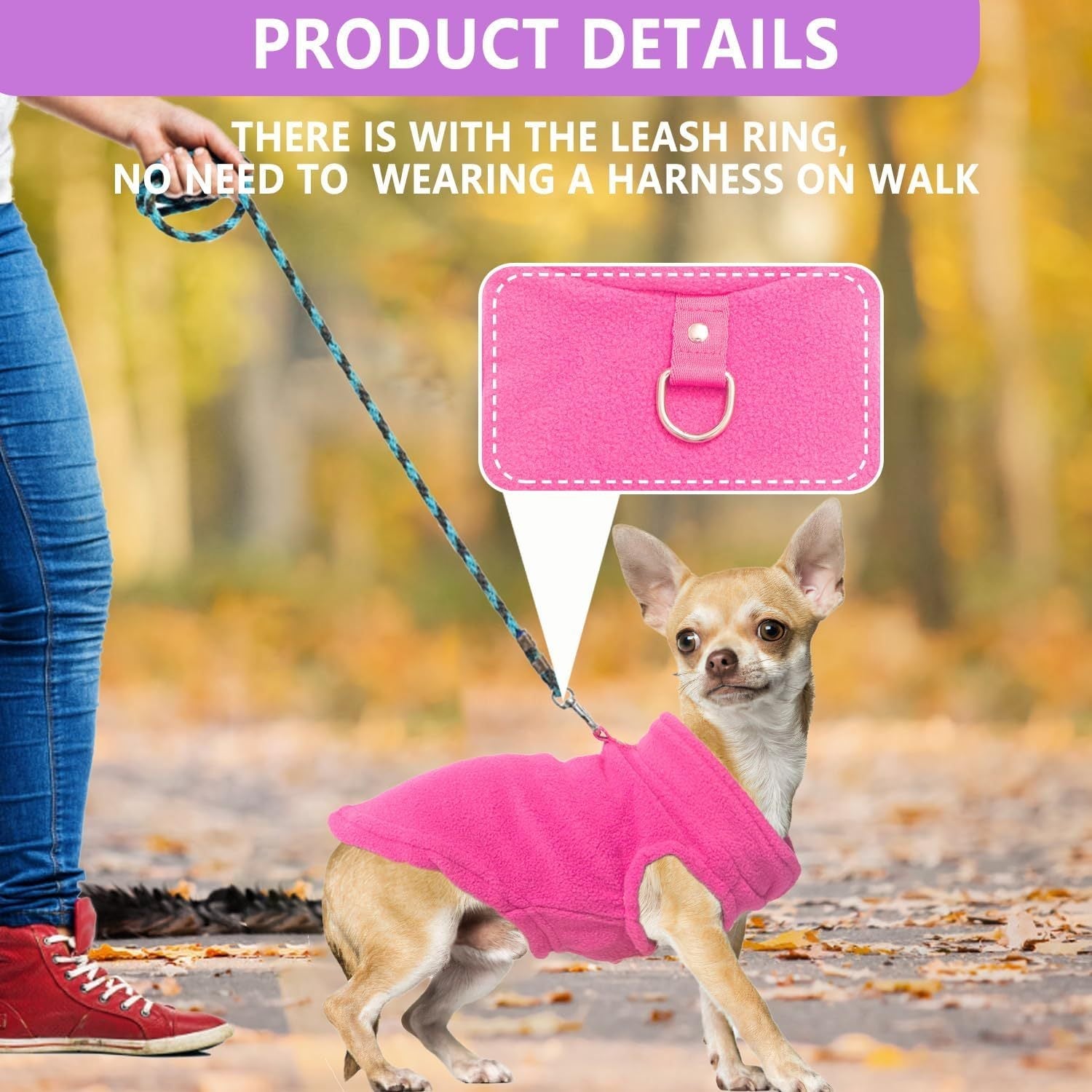 JMT-109386 Warm Fleece Dog Sweater with D-Ring Leash Attachment - 2-Pack Pullover for Small Dogs in Pink & Purple or Blue & Green