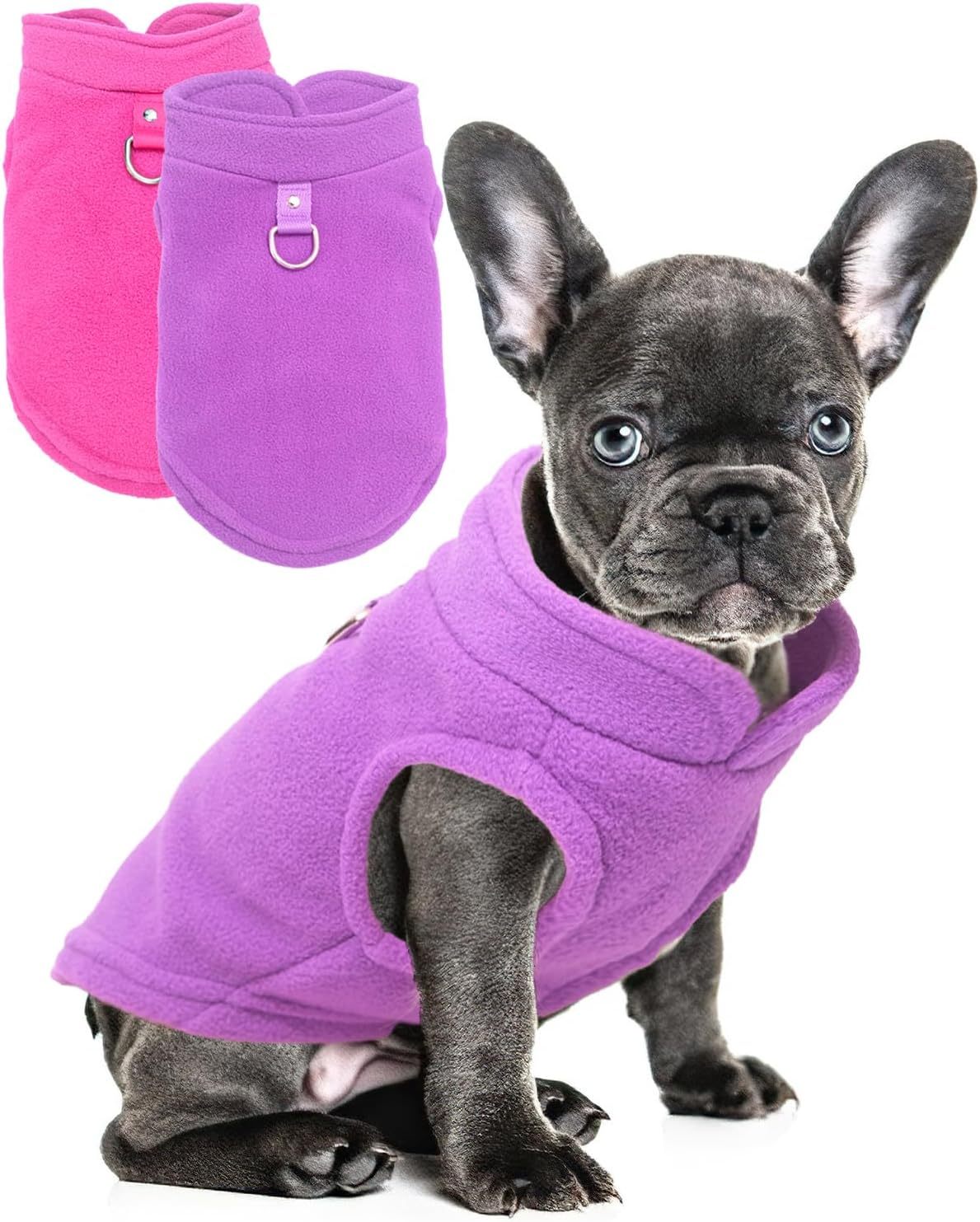 JMT-109386 Warm Fleece Dog Sweater with D-Ring Leash Attachment - 2-Pack Pullover for Small Dogs in Pink & Purple or Blue & Green