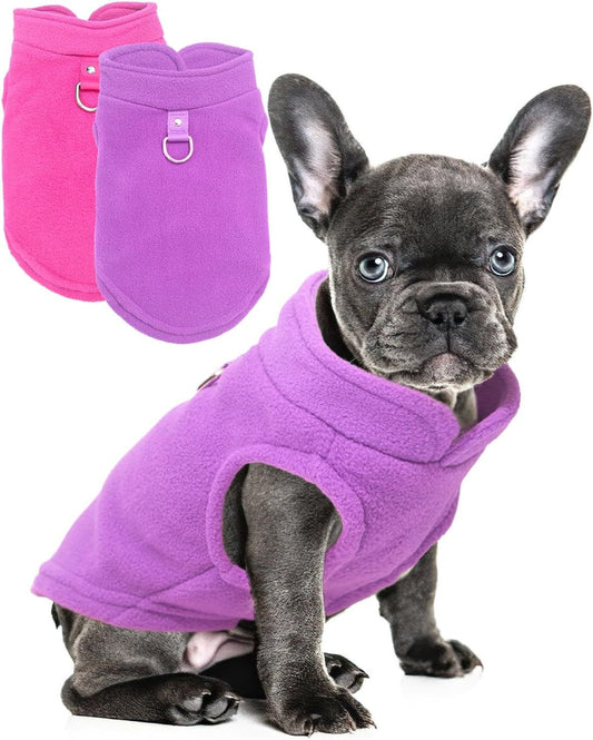 JMT-109386 Warm Fleece Dog Sweater with D-Ring Leash Attachment - 2-Pack Pullover for Small Dogs in Pink & Purple or Blue & Green