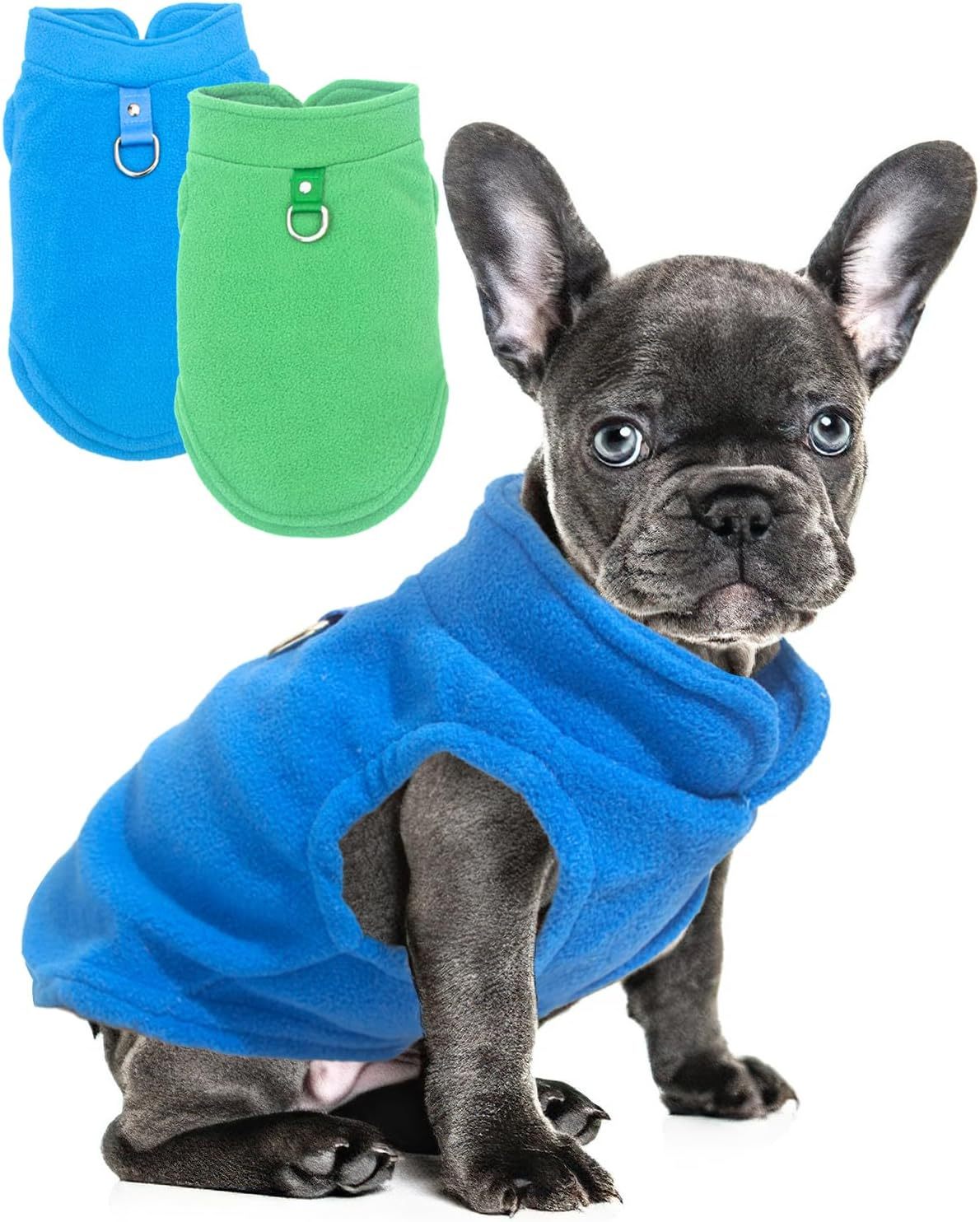JMT-109386 Warm Fleece Dog Sweater with D-Ring Leash Attachment - 2-Pack Pullover for Small Dogs in Pink & Purple or Blue & Green