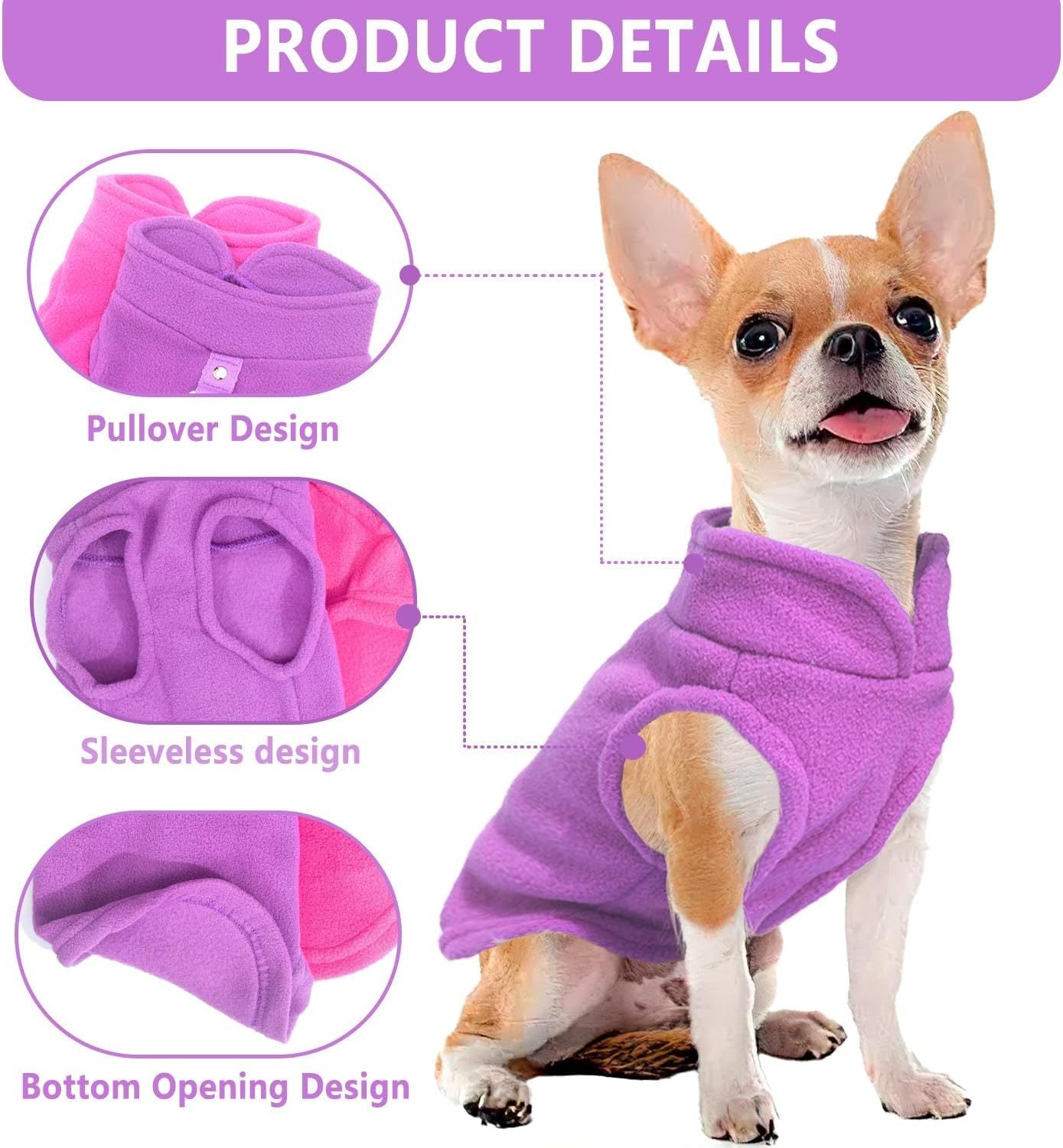 JMT-109386 Warm Fleece Dog Sweater with D-Ring Leash Attachment - 2-Pack Pullover for Small Dogs in Pink & Purple or Blue & Green