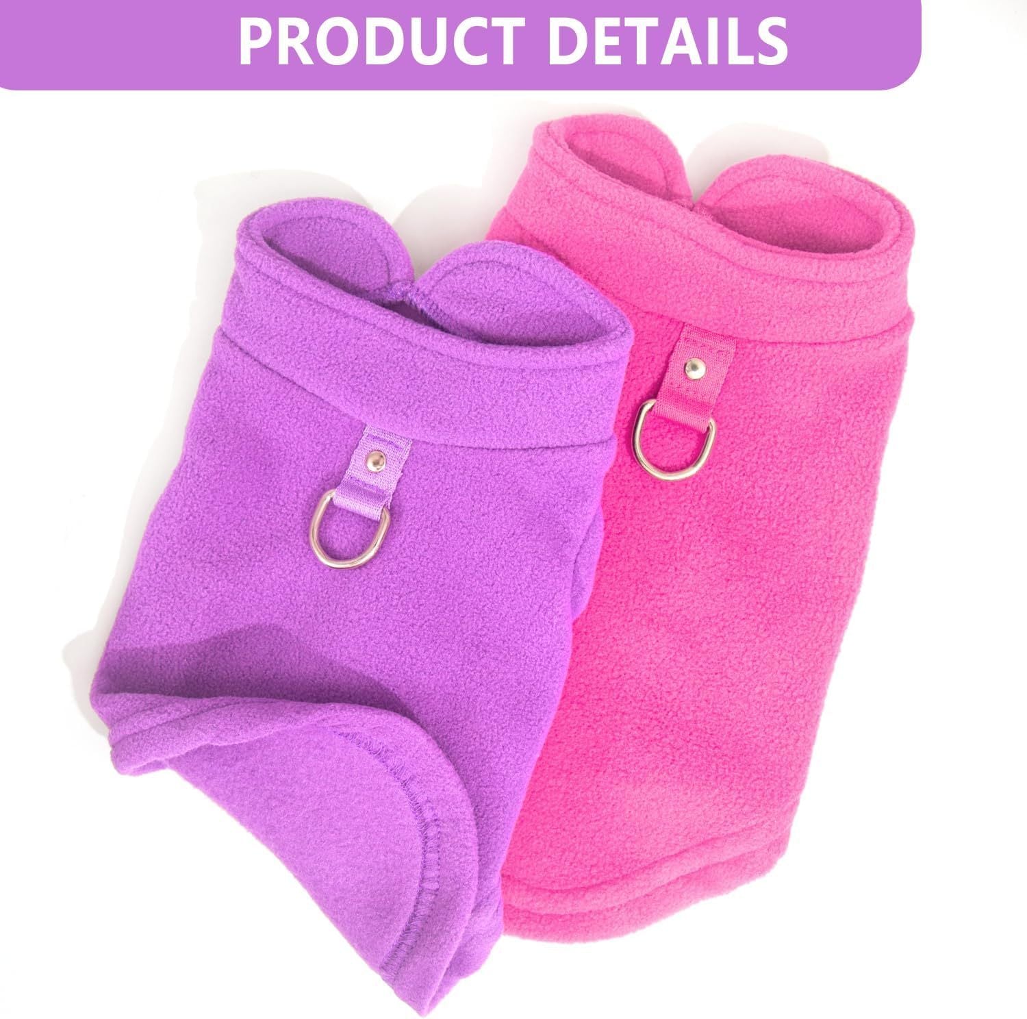 JMT-109386 Warm Fleece Dog Sweater with D-Ring Leash Attachment - 2-Pack Pullover for Small Dogs in Pink & Purple or Blue & Green