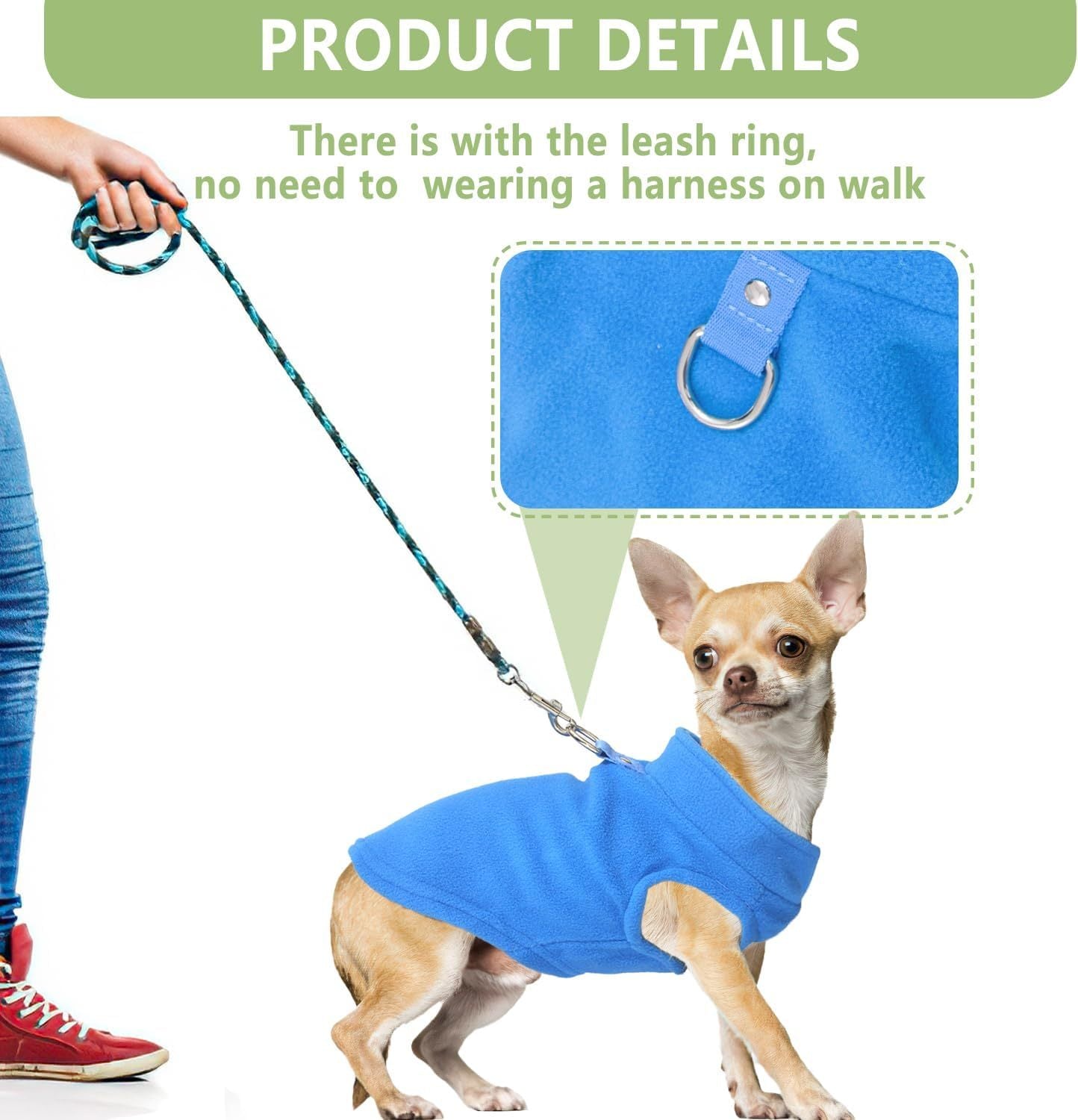 JMT-109386 Warm Fleece Dog Sweater with D-Ring Leash Attachment - 2-Pack Pullover for Small Dogs in Pink & Purple or Blue & Green
