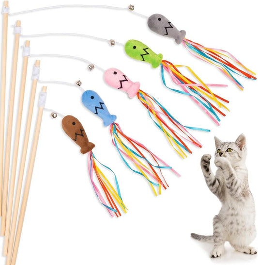 JMT-109578 Interactive Cat Wand with Catnip Fish, Colorful Ribbons, and Bells – Engaging Toy for Indoor Cats and Kittens