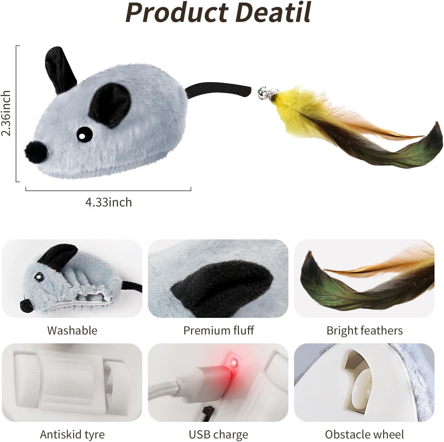 JMT-111050 Automatic Moving LED Cat Mouse Toy with Feather and Bell Tail for Indoor Cats, Rechargeable with Randomized Movement