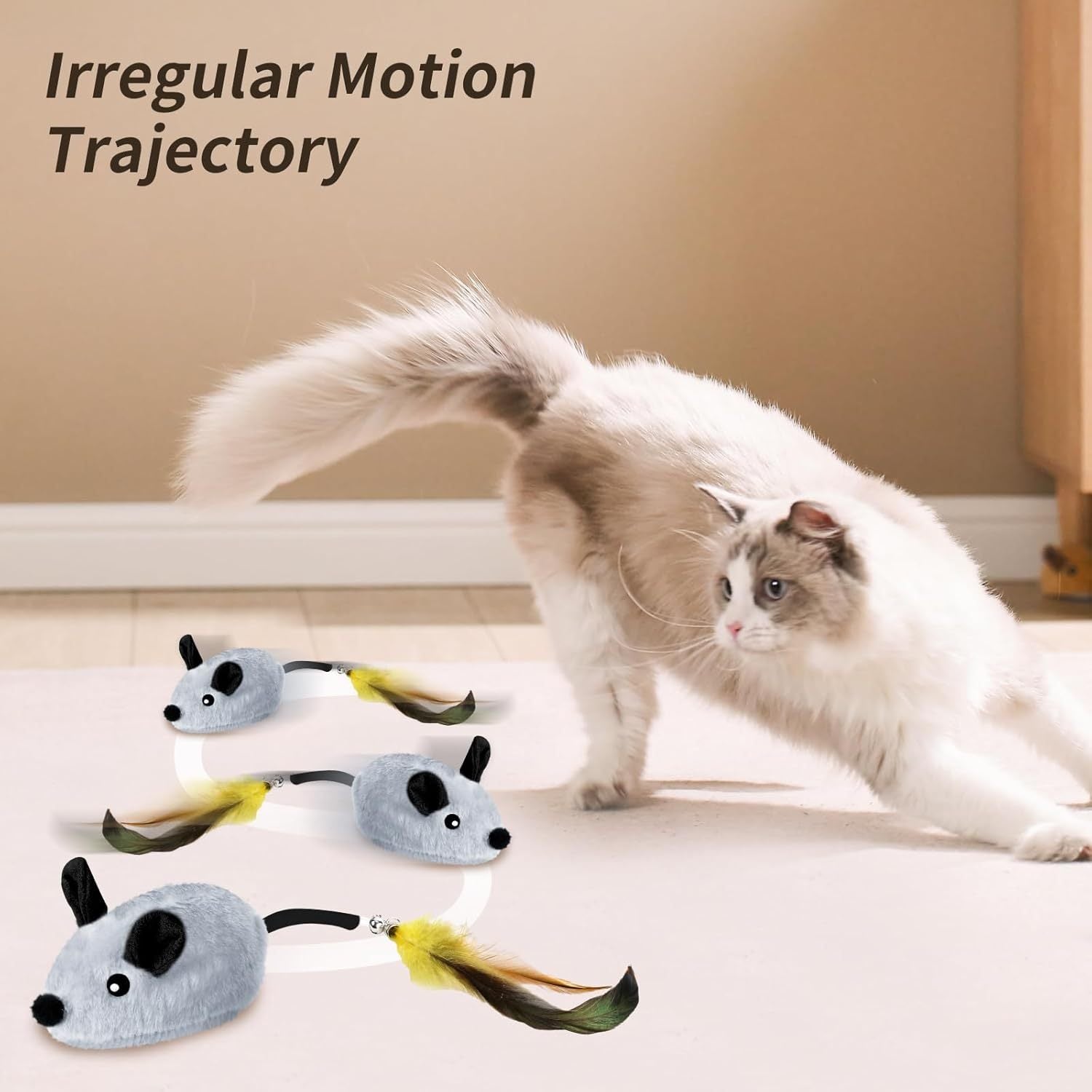 JMT-111050 Automatic Moving LED Cat Mouse Toy with Feather and Bell Tail for Indoor Cats, Rechargeable with Randomized Movement