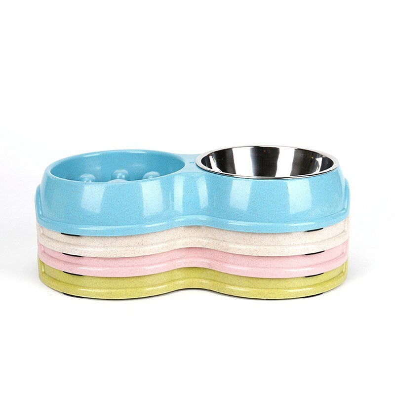 JMT-113226 Stainless Steel Double Bowl Pet Feeder with Non-Slip Base in Pink, Blue, Green, and White