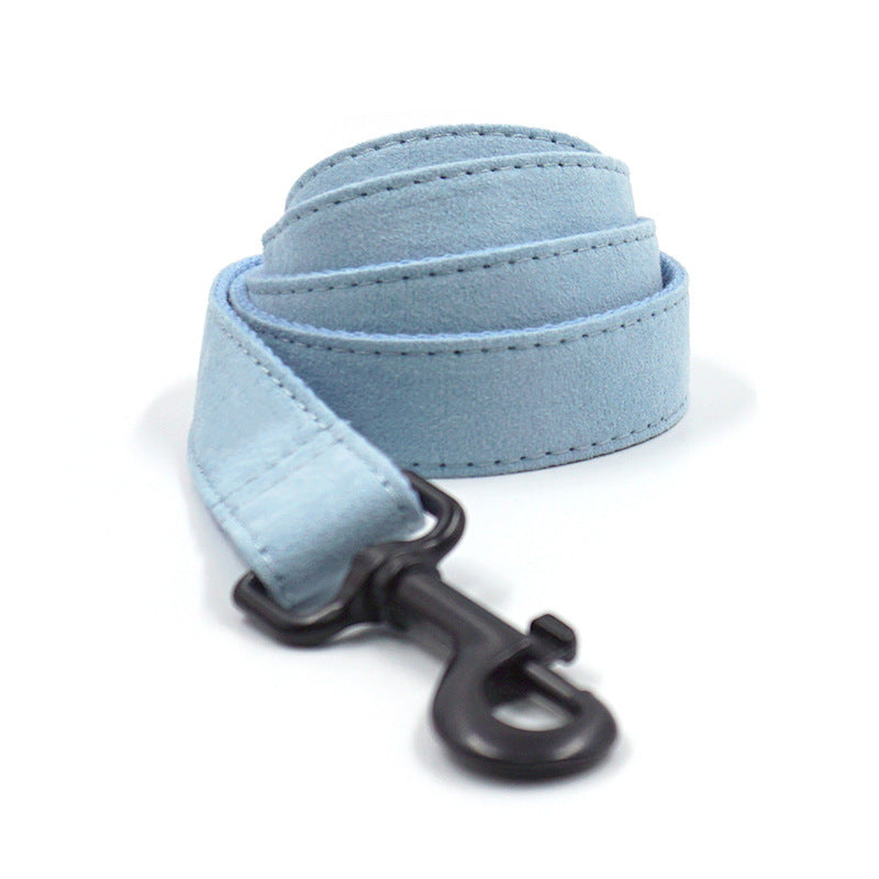 JMT-113546 Light Blue Velvet Pet Collar Set with Buckle, Leash, Bow, and Poop Bag