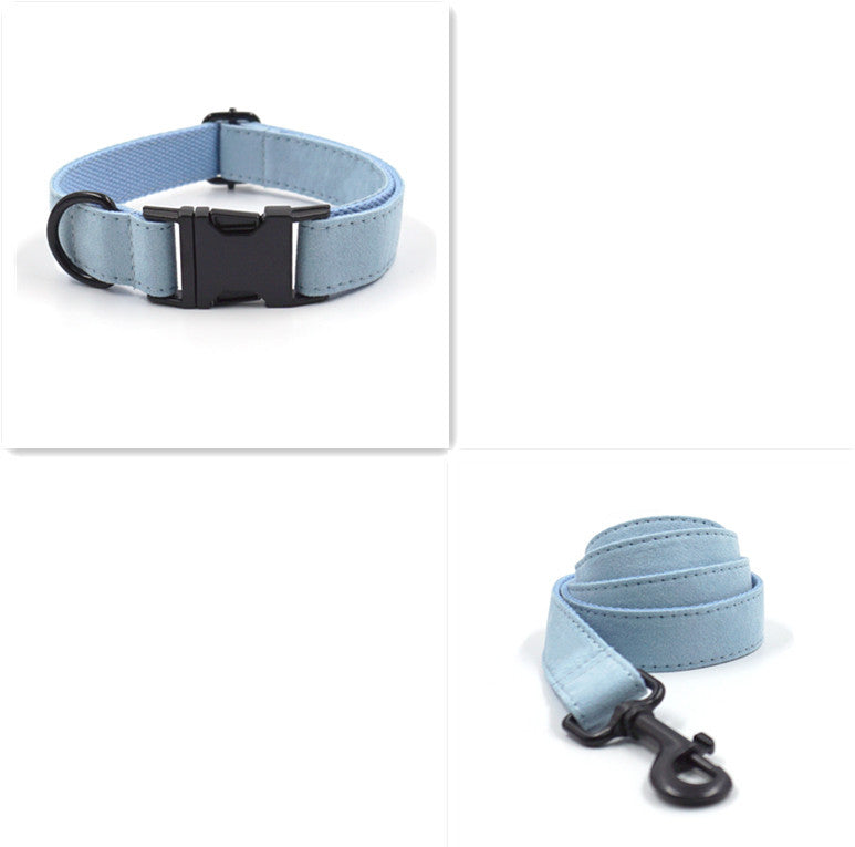 JMT-113546 Light Blue Velvet Pet Collar Set with Buckle, Leash, Bow, and Poop Bag