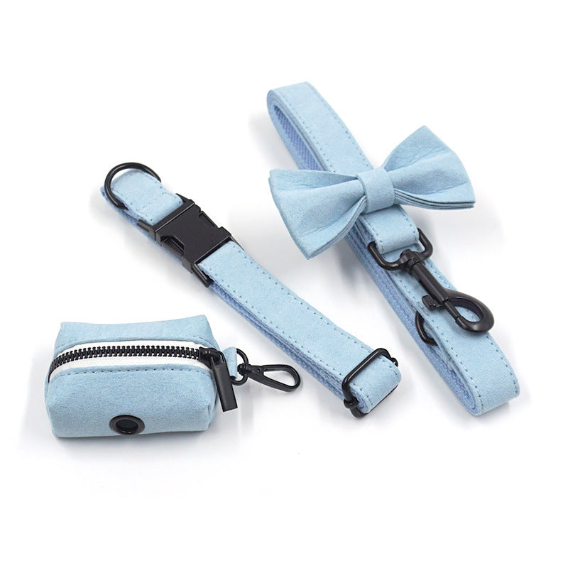 JMT-113546 Light Blue Velvet Pet Collar Set with Buckle, Leash, Bow, and Poop Bag