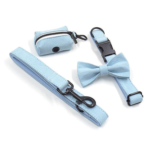JMT-113546 Light Blue Velvet Pet Collar Set with Buckle, Leash, Bow, and Poop Bag