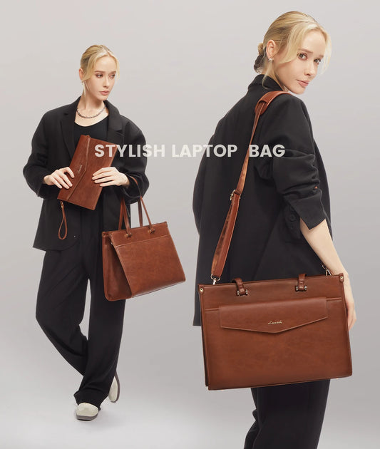 JMT-113930 15.6in Vintage Leather Tote and Laptop Bag Set with Handheld Clutch for Women