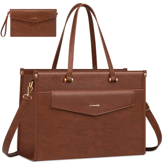 JMT-113930 15.6in Vintage Leather Tote and Laptop Bag Set with Handheld Clutch for Women