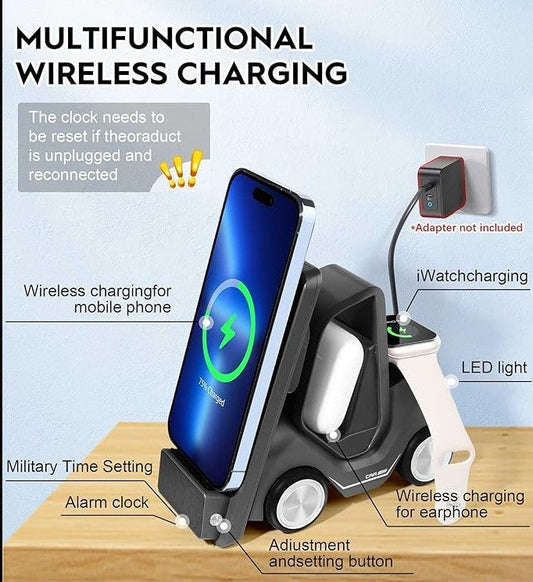 JMT-116682 Forklift-Inspired Wireless Charger Station with Digital Clock and Night Light