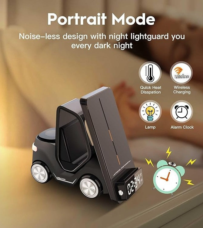 JMT-116682 Forklift-Inspired Wireless Charger Station with Digital Clock and Night Light