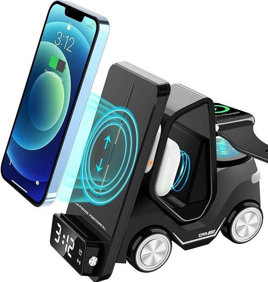 JMT-116682 Forklift-Inspired Wireless Charger Station with Digital Clock and Night Light