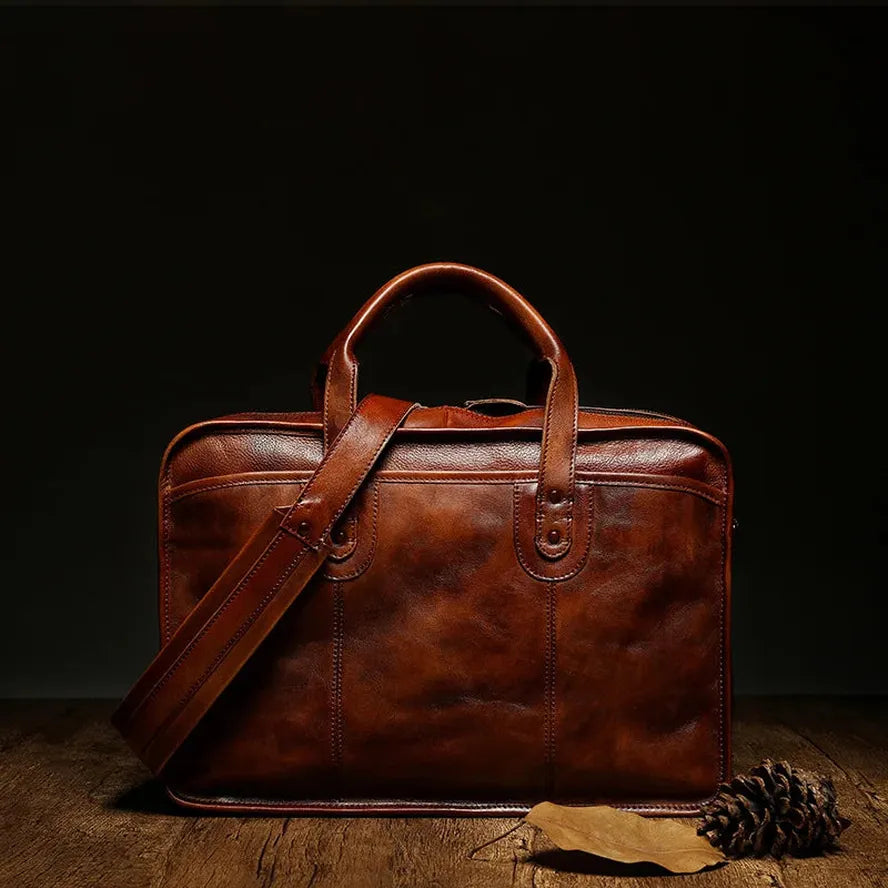 JMT-120714 Vintage Handmade Genuine Leather Men's Briefcase - Large Capacity Waterproof Crossbody Bag