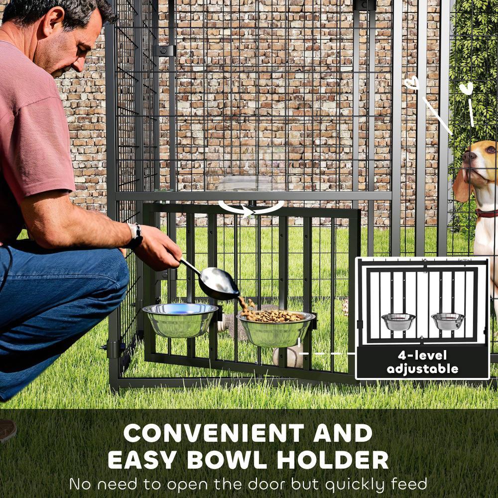 JMT-120970 Welded Wire Outdoor Dog Kennel with Adjustable Feeding System and Waterproof Cover, 4.6 ft x 4.6 ft x 5 ft