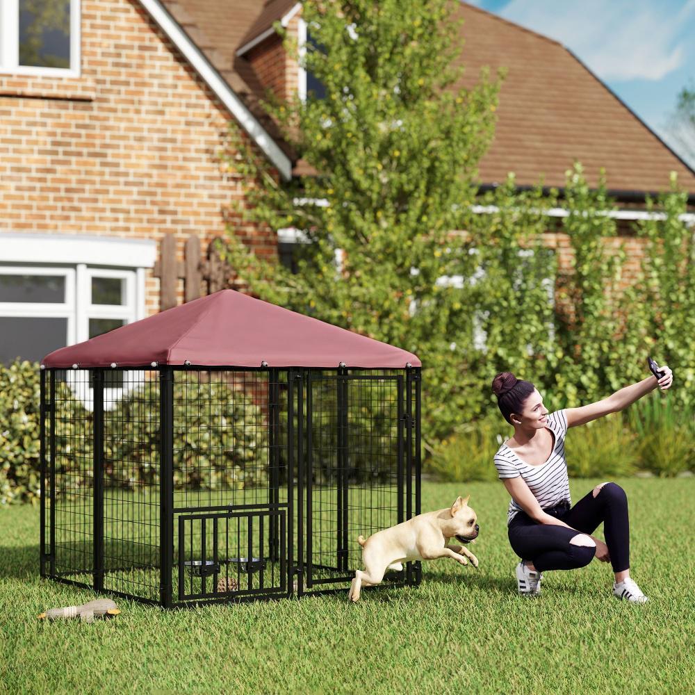 JMT-120970 Welded Wire Outdoor Dog Kennel with Adjustable Feeding System and Waterproof Cover, 4.6 ft x 4.6 ft x 5 ft