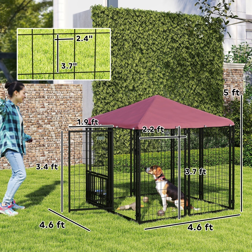 JMT-120970 Welded Wire Outdoor Dog Kennel with Adjustable Feeding System and Waterproof Cover, 4.6 ft x 4.6 ft x 5 ft