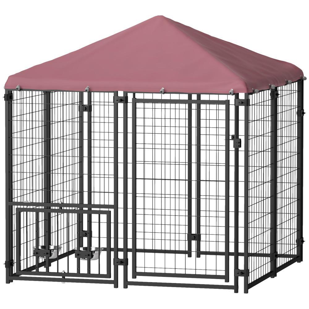 JMT-120970 Welded Wire Outdoor Dog Kennel with Adjustable Feeding System and Waterproof Cover, 4.6 ft x 4.6 ft x 5 ft