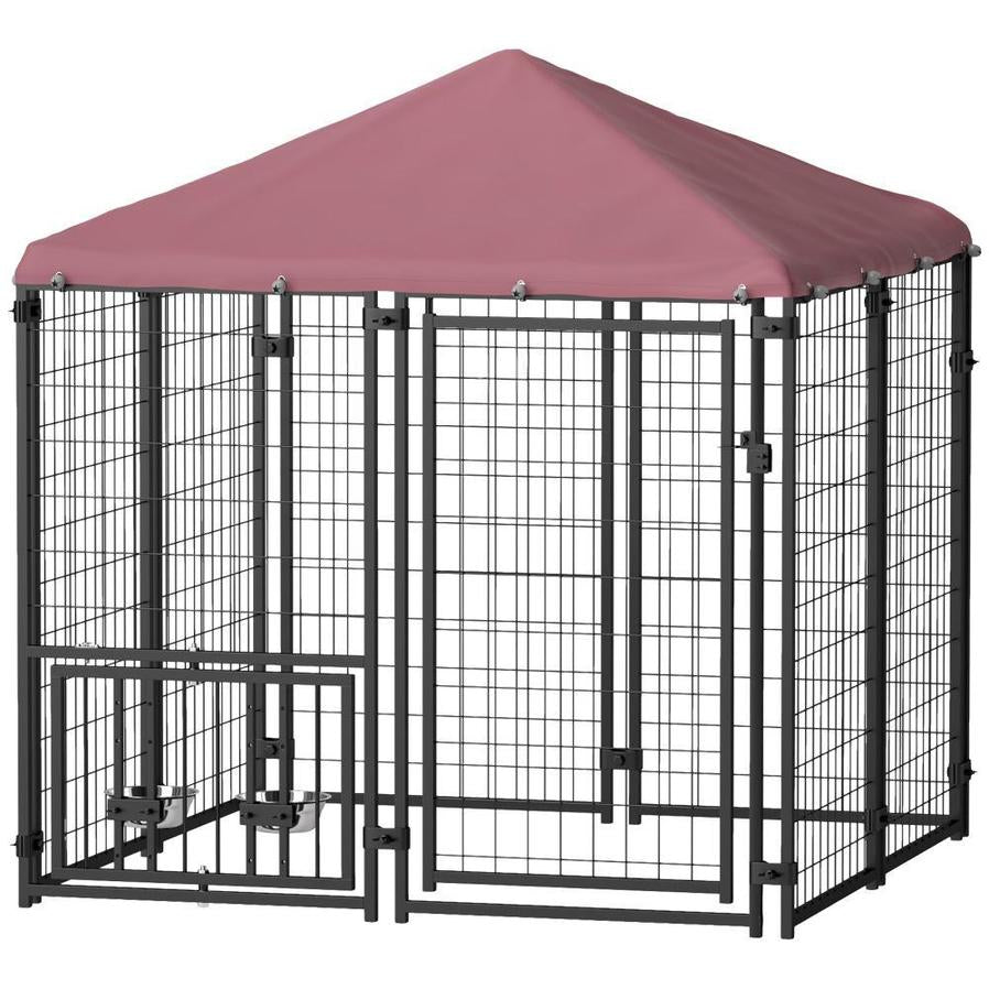 JMT-120970 Welded Wire Outdoor Dog Kennel with Adjustable Feeding System and Waterproof Cover, 4.6 ft x 4.6 ft x 5 ft