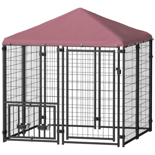 JMT-120970 Welded Wire Outdoor Dog Kennel with Adjustable Feeding System and Waterproof Cover, 4.6 ft x 4.6 ft x 5 ft