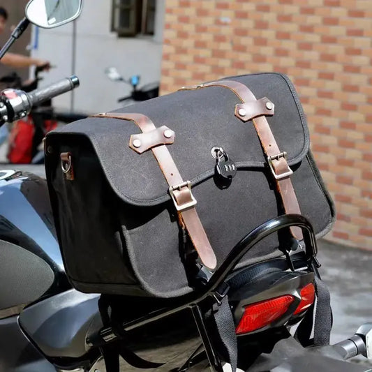 JMT-121482 Motorcycle Rear Seat Bag Vintage Batik Canvas with Cowhide Leather, Waterproof Helmet Carrying Bag