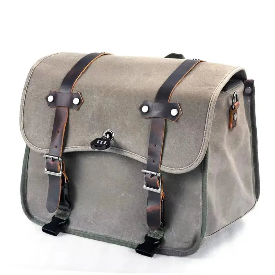 JMT-121482 Motorcycle Rear Seat Bag Vintage Batik Canvas with Cowhide Leather, Waterproof Helmet Carrying Bag