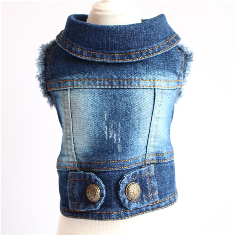 JMT-121738 Denim Dog Jacket with Hood and Fringe – Stylish Pet Vest for Small Dogs and Cats