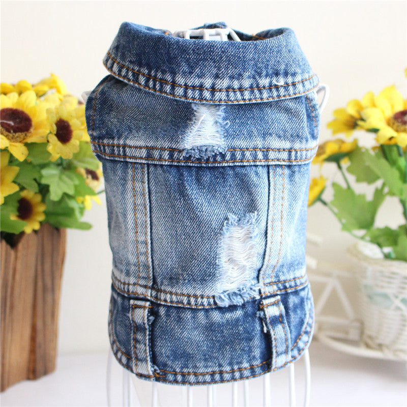 JMT-121738 Denim Dog Jacket with Hood and Fringe – Stylish Pet Vest for Small Dogs and Cats