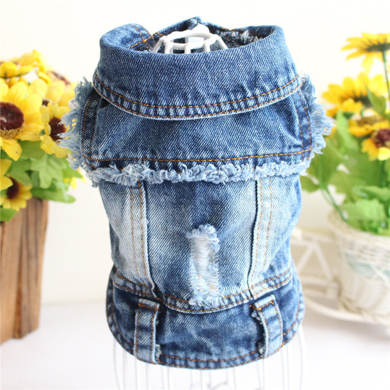 JMT-121738 Denim Dog Jacket with Hood and Fringe – Stylish Pet Vest for Small Dogs and Cats